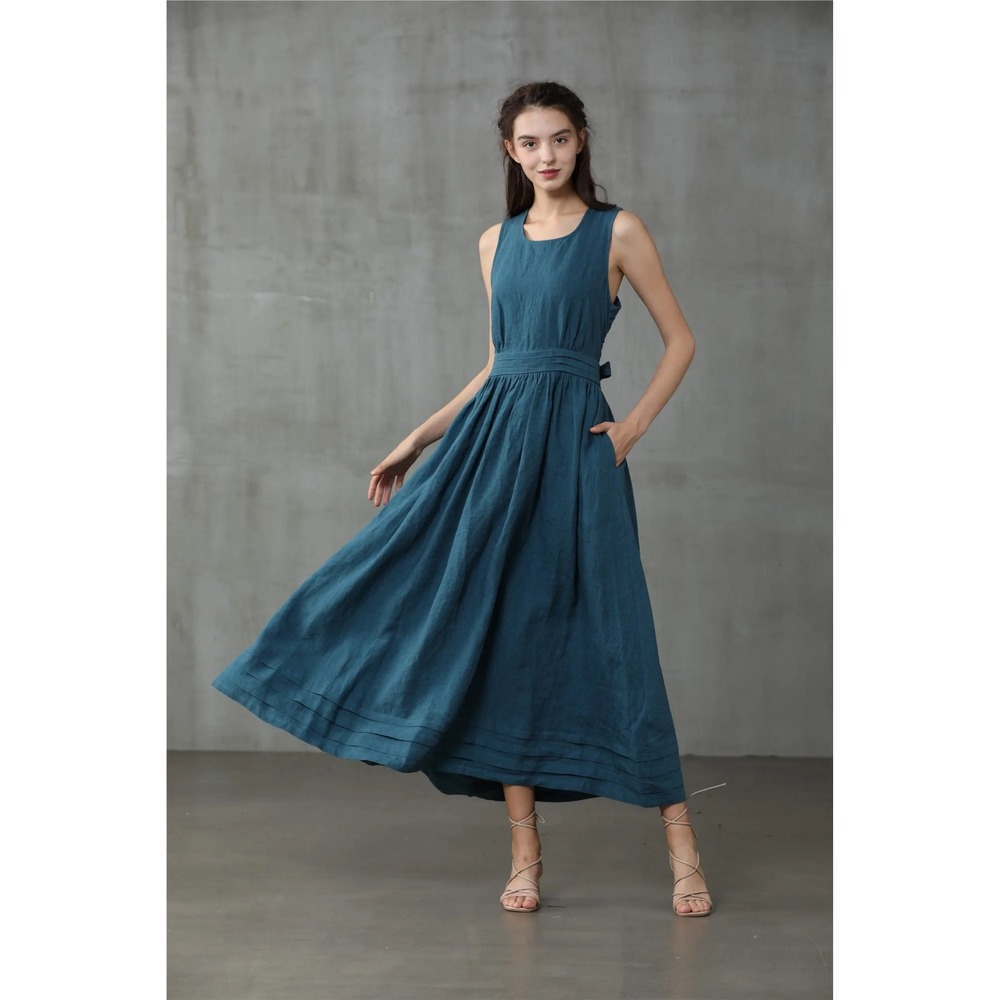 LINENNAIVE Vetiver 17 Cross Back Linen Pinafore Maxi Dress Steelblue XS Cottage